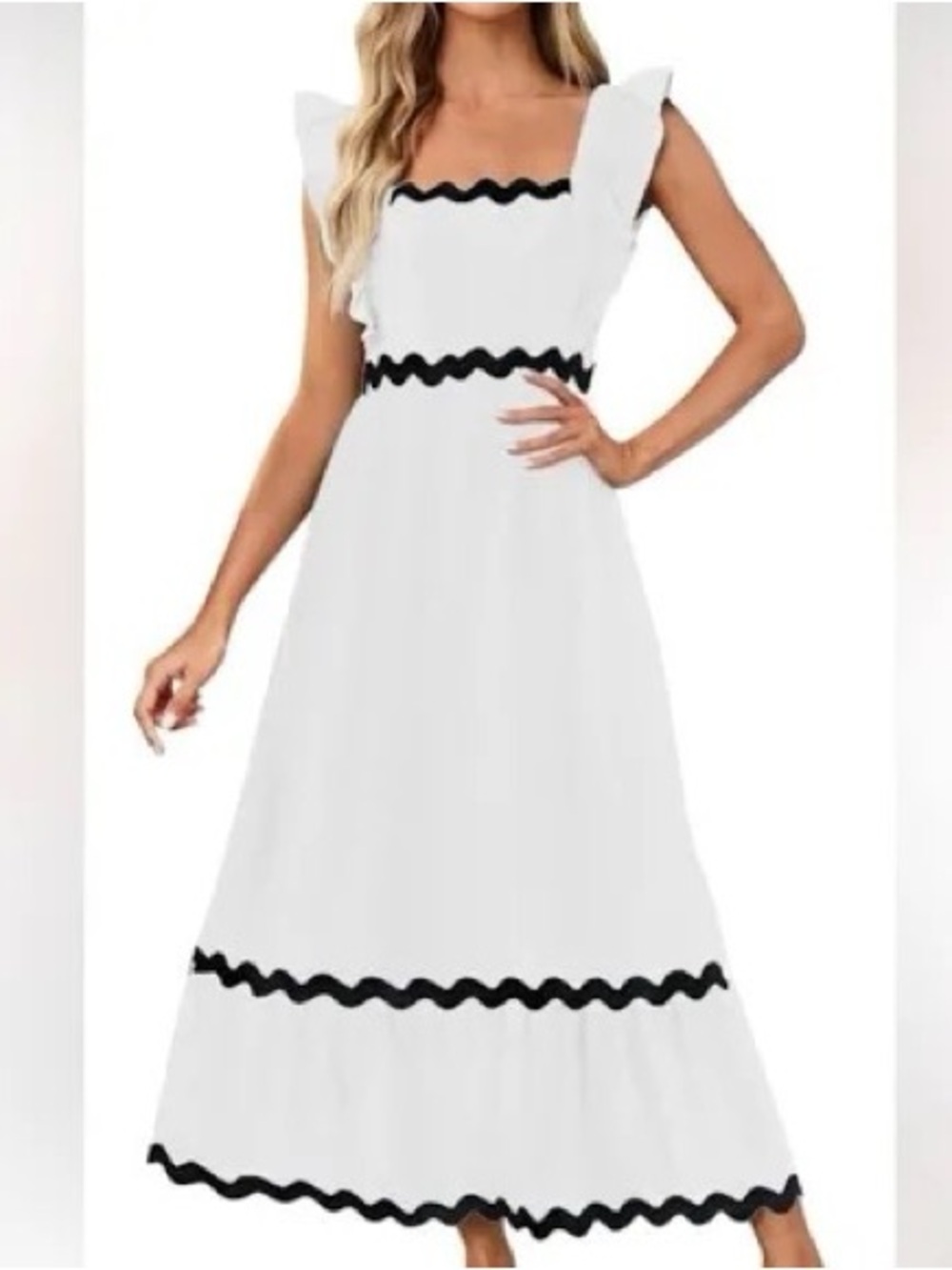 Cream Spaghetti-Strap Dress with Black Trim